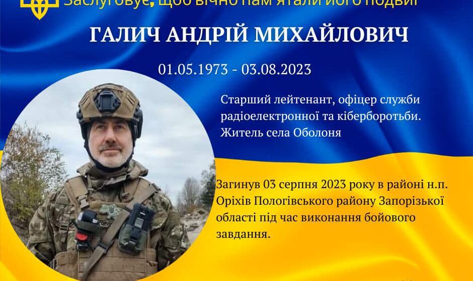 На Запорізькому напрямку загинув офіцер служби радіоелектронної та кіберборотьби, старший лейтенант Андрій Галич з Долинської громади