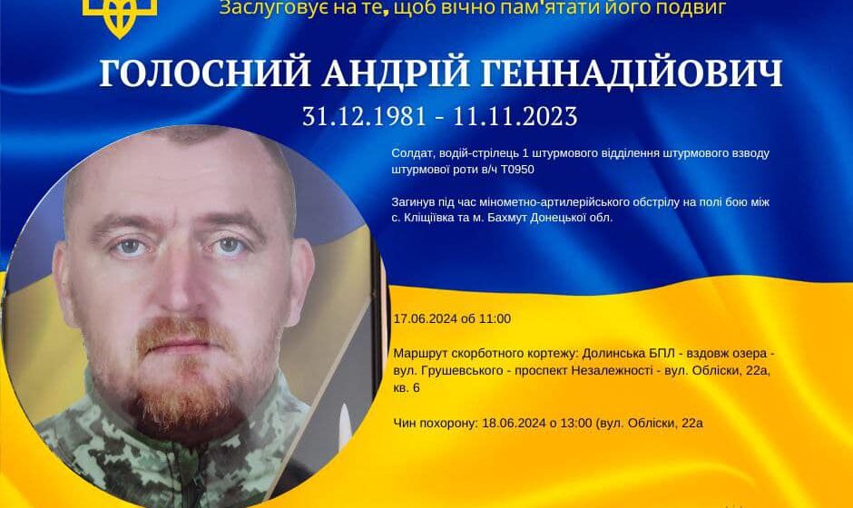 Сьогодні у Долині попрощаються з захисником Андрім Голосним