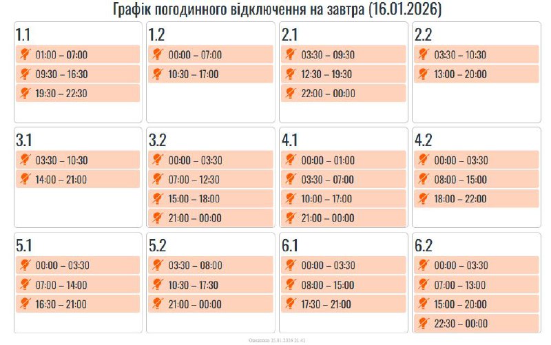 Вимкнення на 16 січня