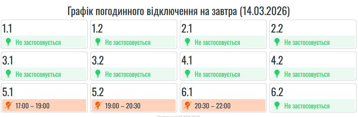 Графік вимкнення електроенергії на 14 березня