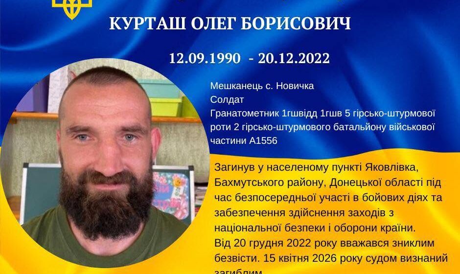 Підтверджено загибель воїна Олега Курташа з Долинської громади, який понад три роки вважався зниклим безвісти