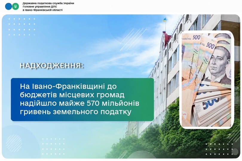 На Івано-Франківщині до бюджетів місцевих громад надійшло майже 570 мільйонів гривень земельного податку На Івано-Франківщині до бюджетів місцевих громад надійшло майже 570 мільйонів гривень земельного податку