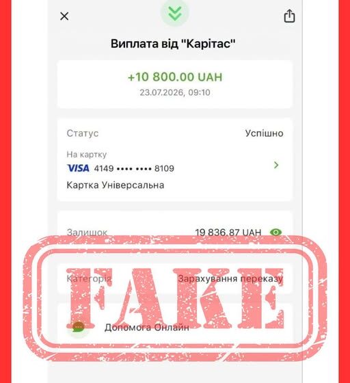 Прикарпатців попереджають: грошові виплати від Карітасу у розмірі 10 800 грн – фейк Прикарпатців попереджають: грошові виплати від Карітасу у розмірі 10 800 грн – фейк