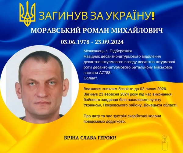 Підтвердилася загибель Романа Моравського з Підбережжя Підтвердилася загибель Романа Моравського з Підбережжя
