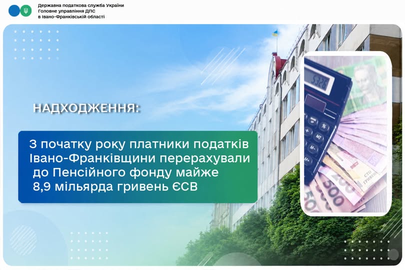 З початку року платники податків Івано-Франківщини перерахували до Пенсійного фонду майже 8,9 мільярда гривень єдиного внеску З початку року платники податків Івано-Франківщини перерахували до Пенсійного фонду майже 8,9 мільярда гривень єдиного внеску