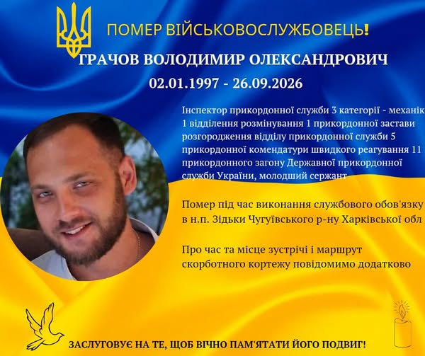 На Харківщині помер 29-річний прикордонник Володимир Грачов із Долинської громади На Харківщині помер 29-річний прикордонник Володимир Грачов із Долинської громади